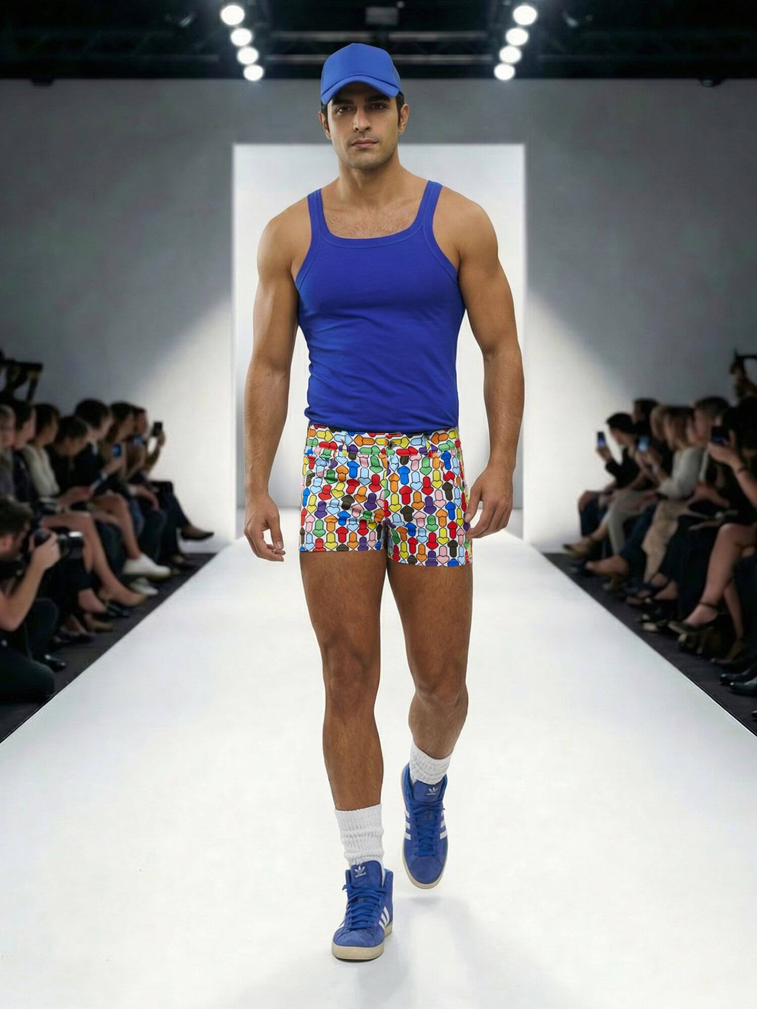 Model walking on a runway wearing a blue tank top, colorful shorts, and blue sneakers.