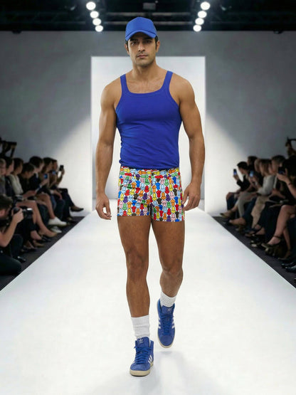 Model walking on a runway wearing a blue tank top, colorful shorts, and blue sneakers.