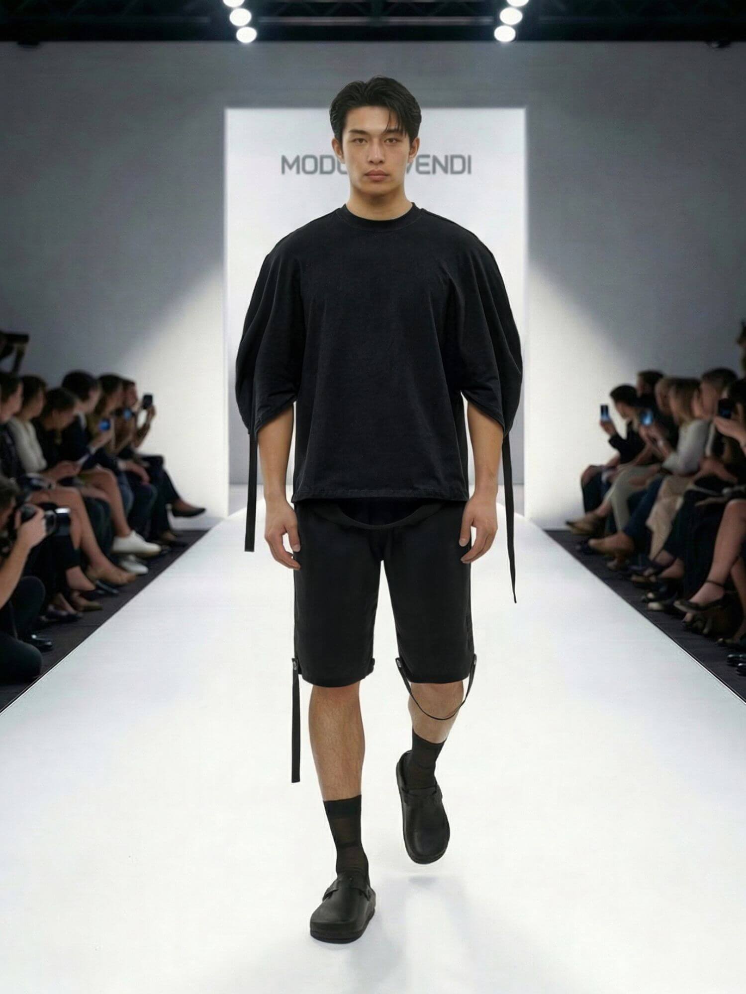 Model walking on a fashion runway wearing a black outfit with branding.