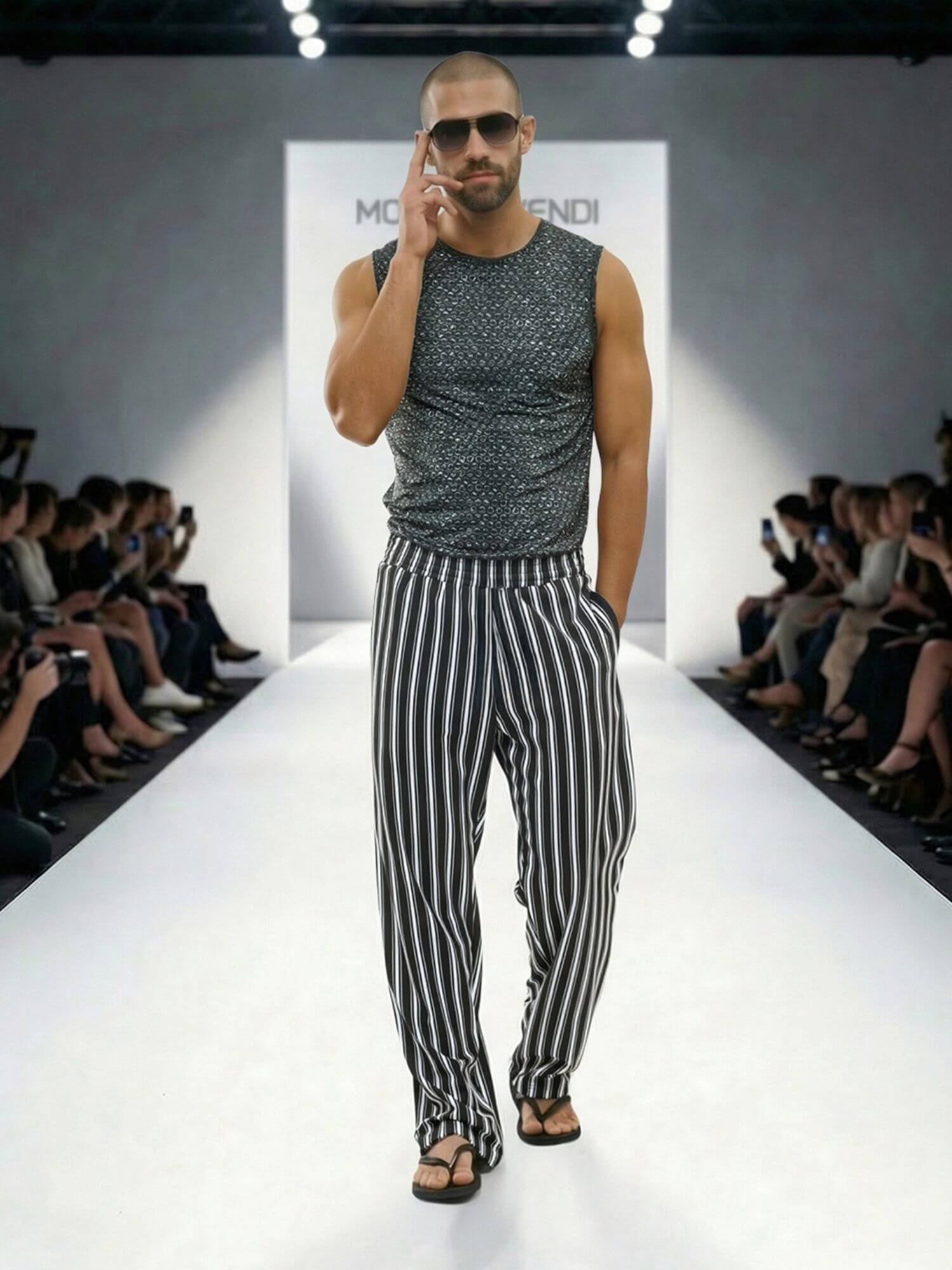 Model walking on a fashion show runway wearing a sleeveless patterned top and striped pants.