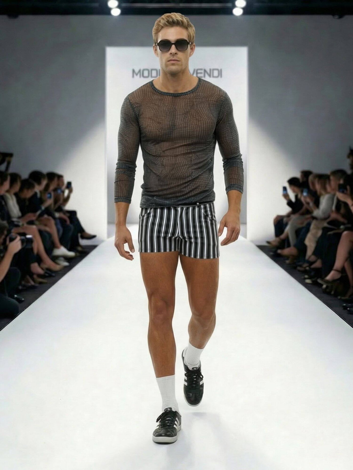 Model walking on a fashion runway wearing a sheer top and striped shorts.