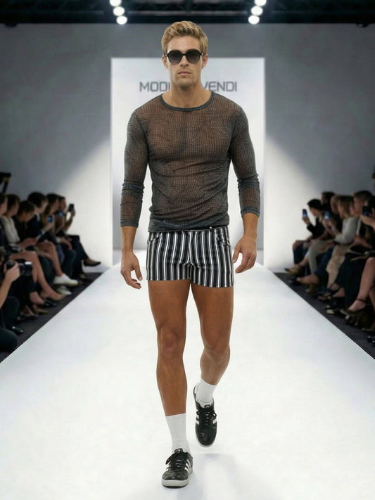 MODUS VIVENDI Summer Outfit - Striped Shorts & Abstract Long Sleeve Top - SAVE 10%