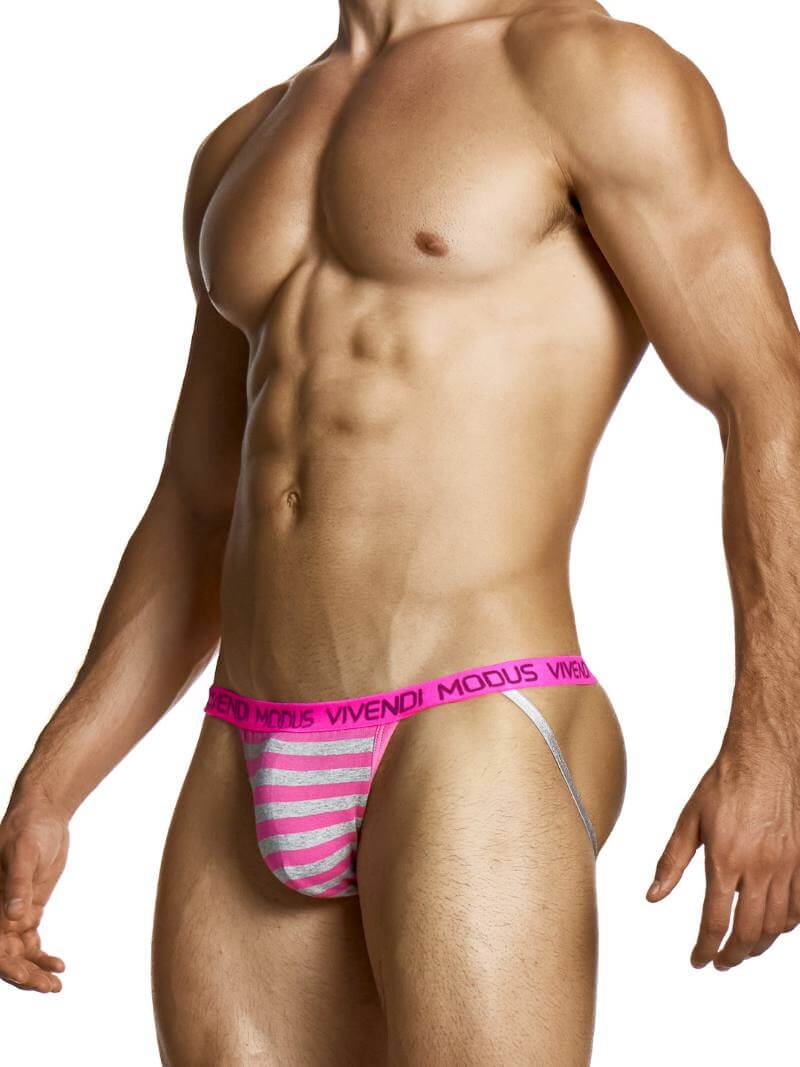 Man wearing a pink and white striped underwear with brand name on a white background