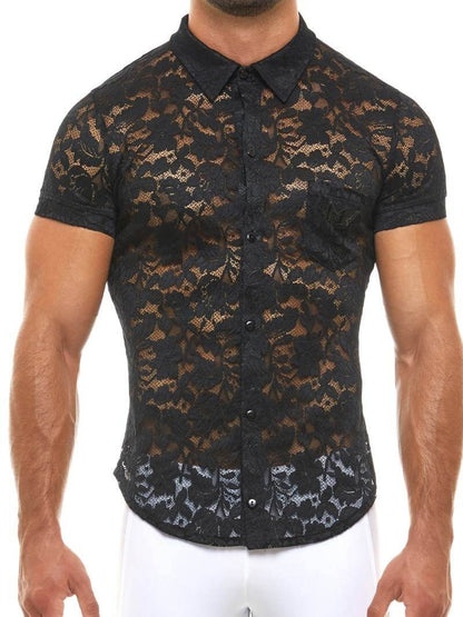 Black lace short-sleeve shirt worn by a person on a white background