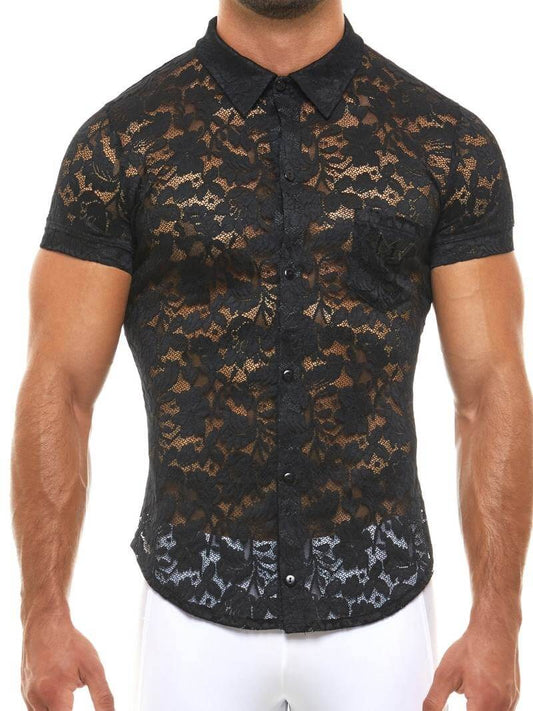Black lace short-sleeve shirt worn by a person on a white background
