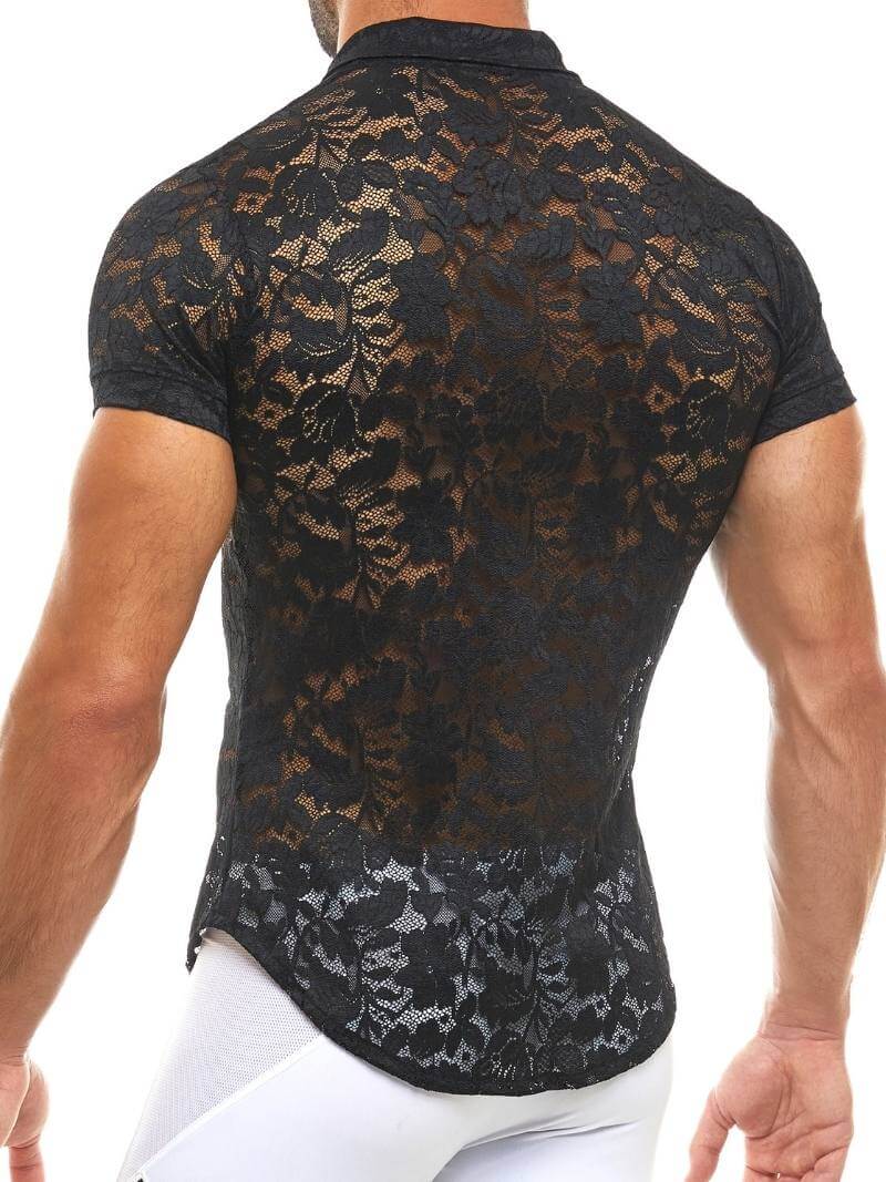 Black lace shirt worn by a person on a white background