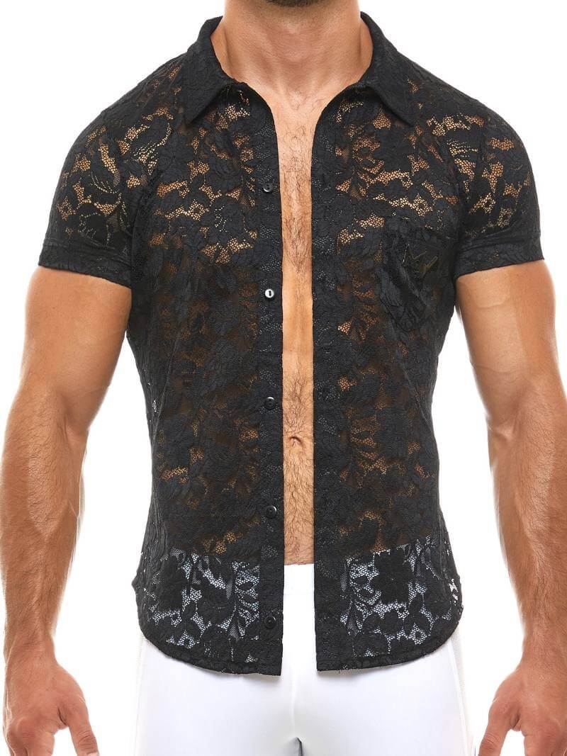 Black lace short-sleeve shirt worn by a person on a white background