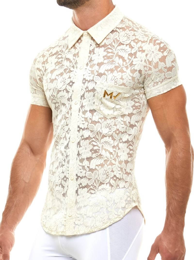 Man wearing a white lace shirt with a brand logo on a white background