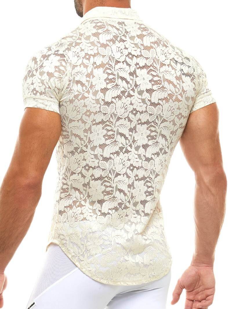 Man wearing a white lace shirt on a white background