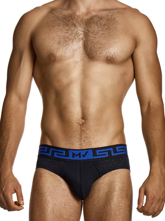 Man wearing black underwear with blue waistband on a white background