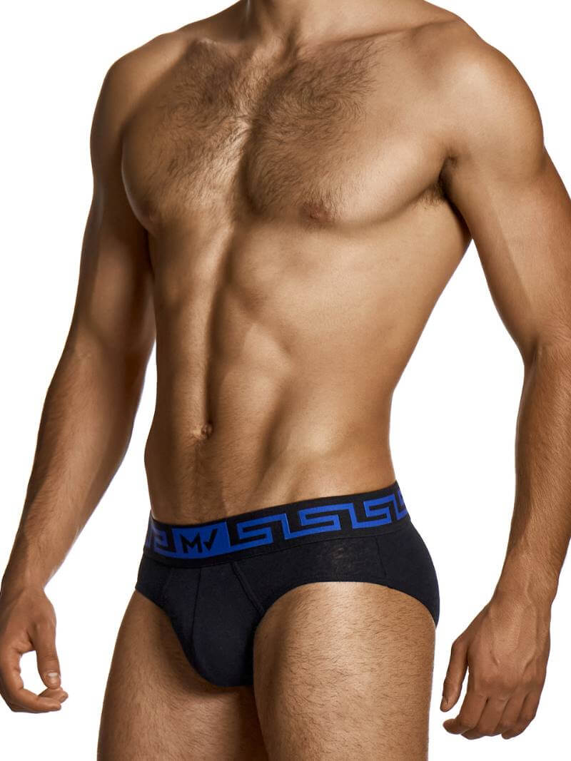 Man wearing black underwear with blue waistband on a white background