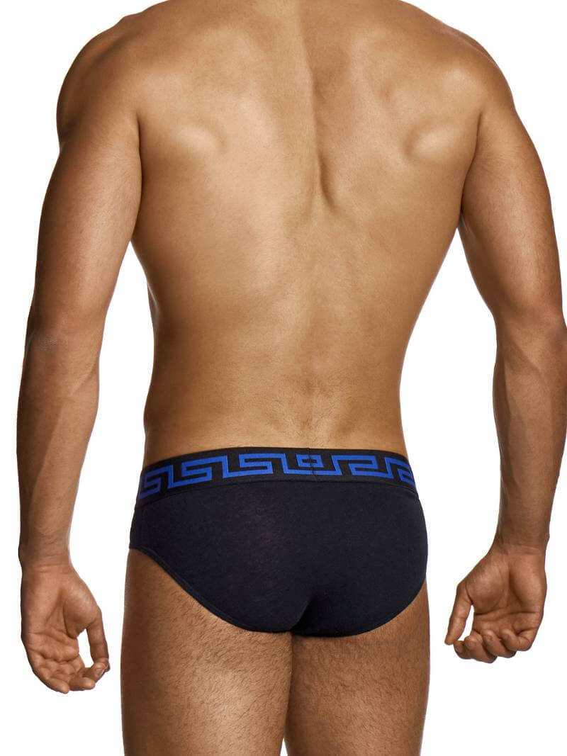 Man wearing black underwear with blue waistband on a white background