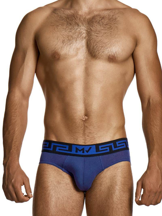 Man wearing a blue men's underwear with a brand logo on a white background