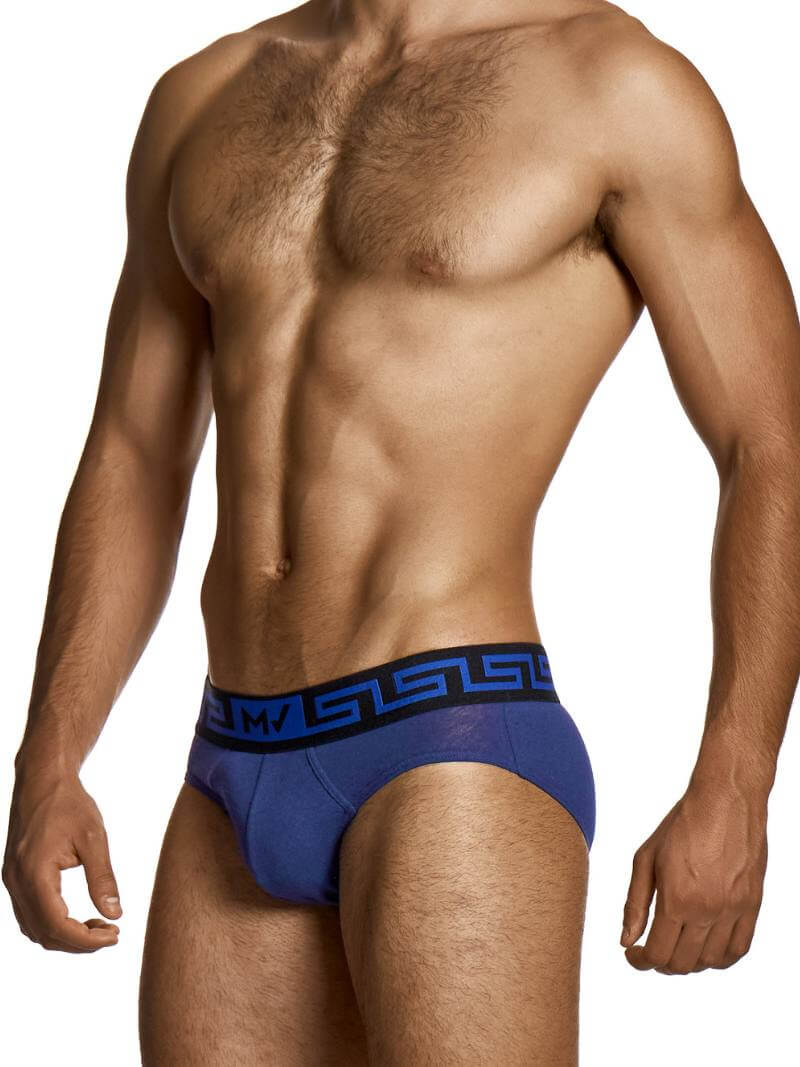 Man wearing blue underwear with a visible brand logo on a white background