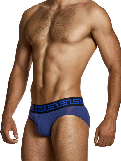 Man wearing blue underwear with a visible brand logo on a white background