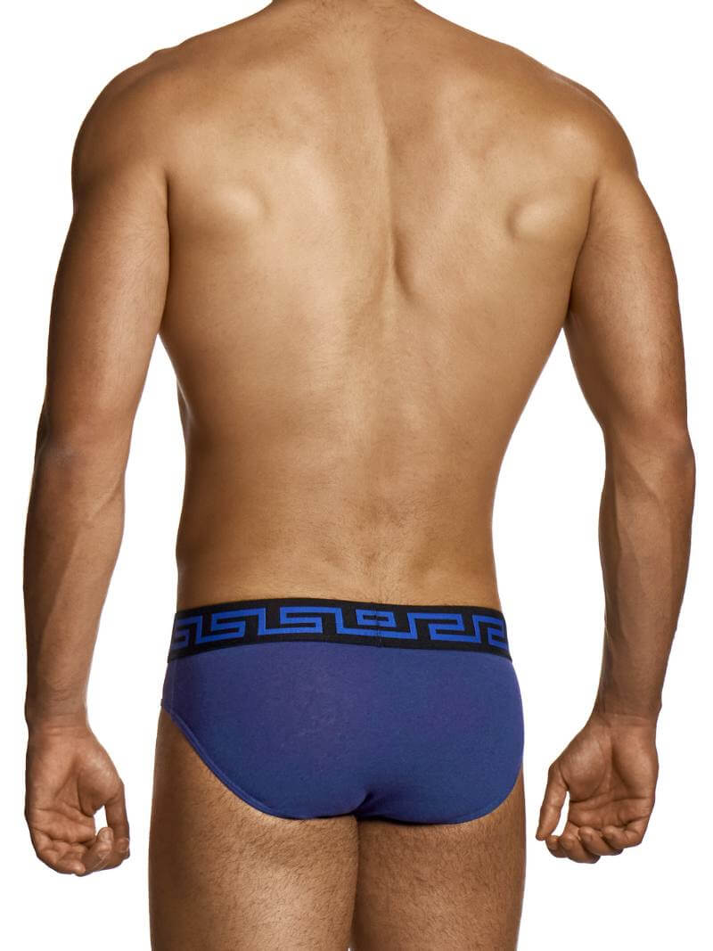 Blue men's underwear with a black logo on a white background