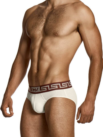 Man wearing a white underwear with a red and gold logo on a white background