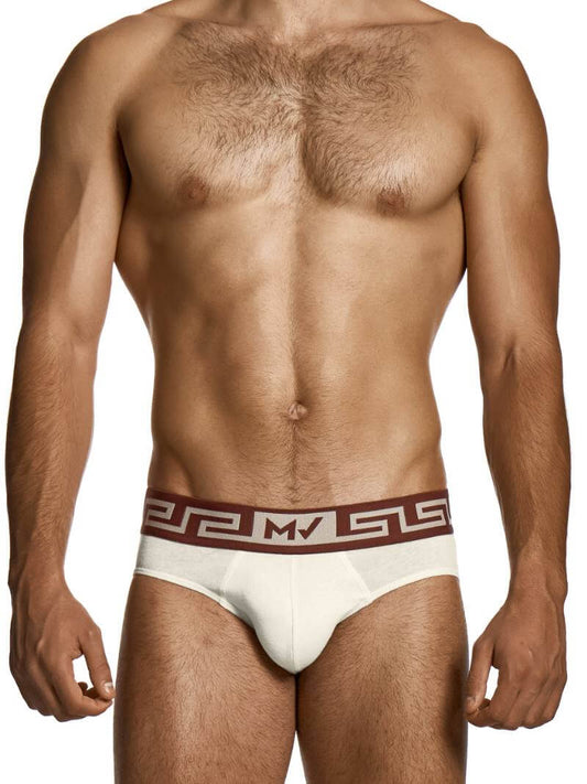 Man wearing a off white athletic brief with a red waistband on a white background