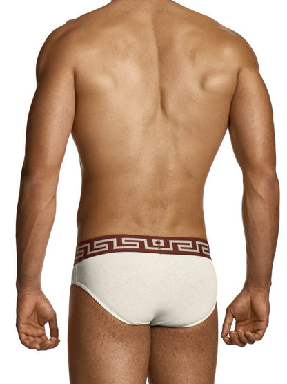 Man wearing a white underwear with a red and gold waistband on a white background