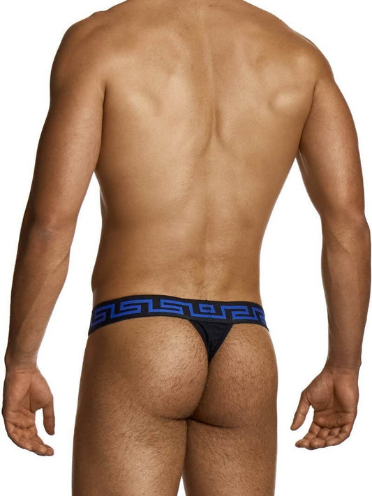 Man wearing a black and blue men's underwear on a white background