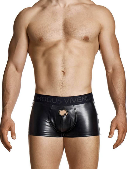 Man wearing black leather-style underwear with 'Modus Vivendi' brand on a white background