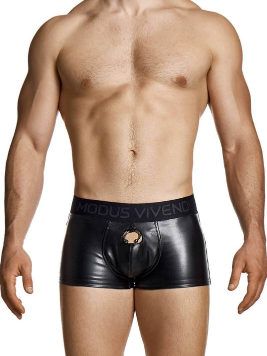 Man wearing black leather-style underwear with 'Modus Vivendi' brand on a white background
