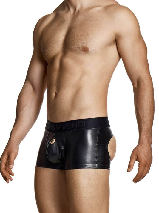 Man wearing black leather-style underwear with a visible brand logo on a white background