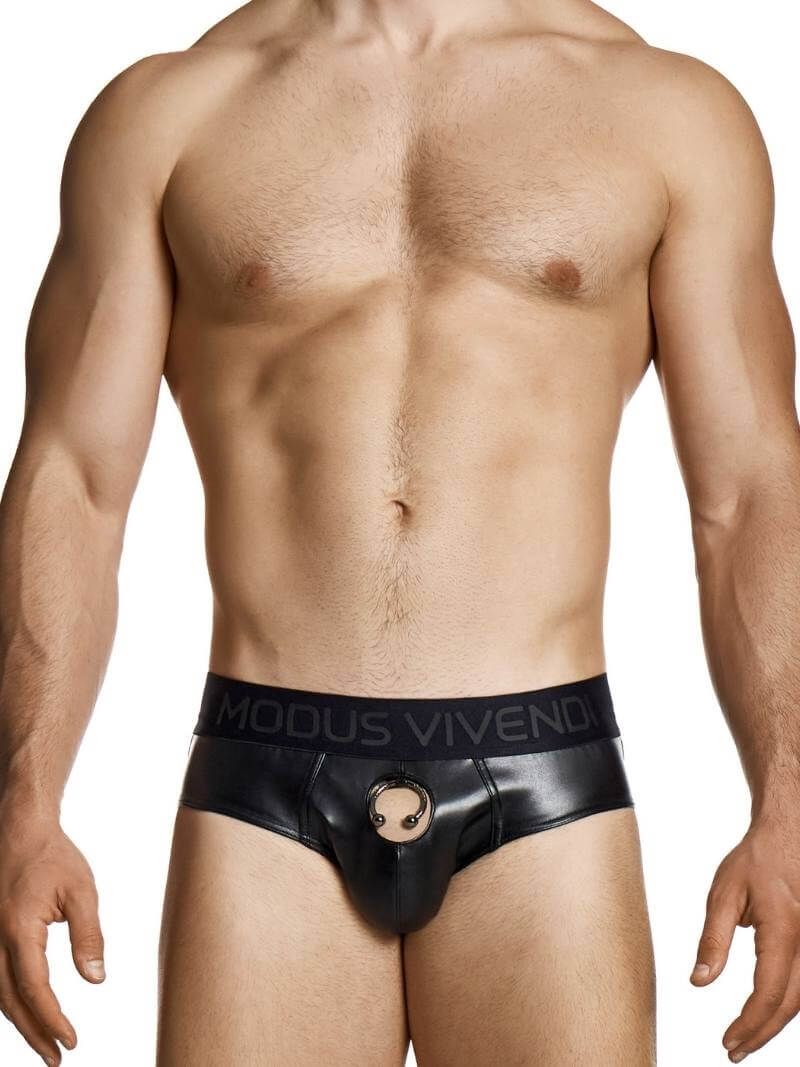 Man wearing a black underwear with 'Mous Vivendi' branding on a white background