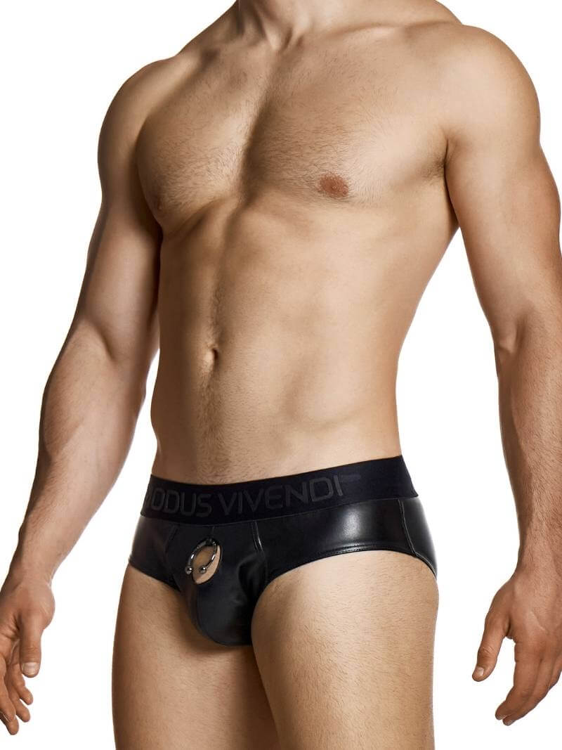 Man wearing a black leather-style underwear with 'Vivendi' branding on a white background