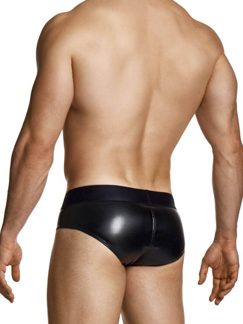 Black swim brief worn by a person on a white background