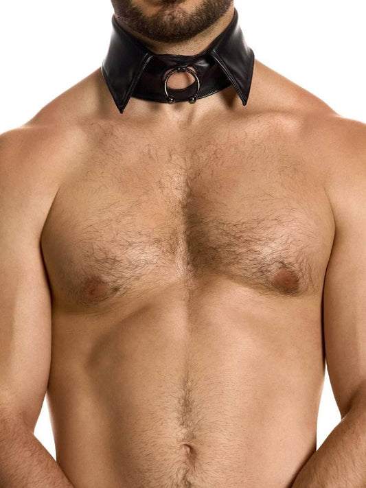 Man wearing a black leather choker on a white background