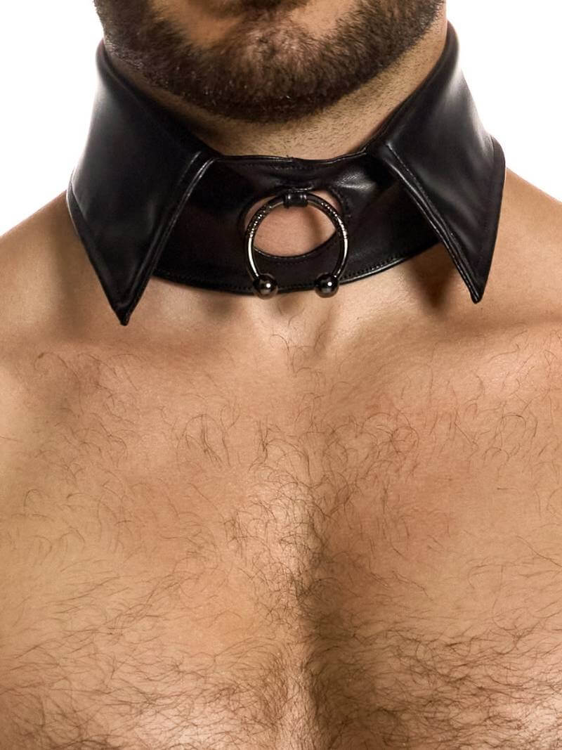 Black leather choker worn by a person with a neutral background