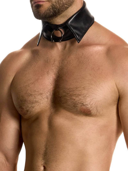 Man wearing a black leather choker on a white background