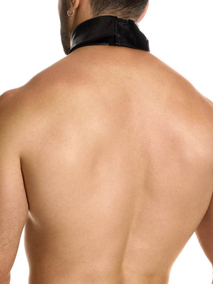 Man wearing a black leather collar on a white background
