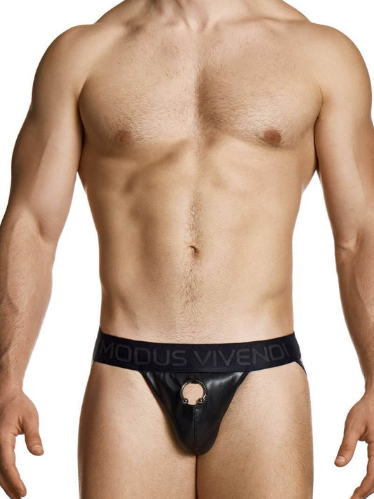 Man wearing a black jockstrap with 'Modus Vivendi' branding on a white background