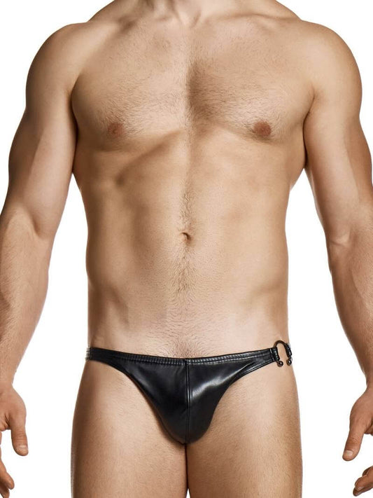 Man wearing a black thong against a white background
