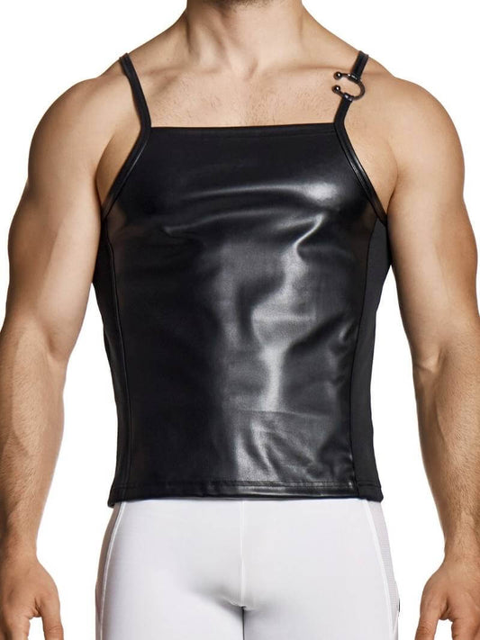 Black leather tank top worn by a person on a white background