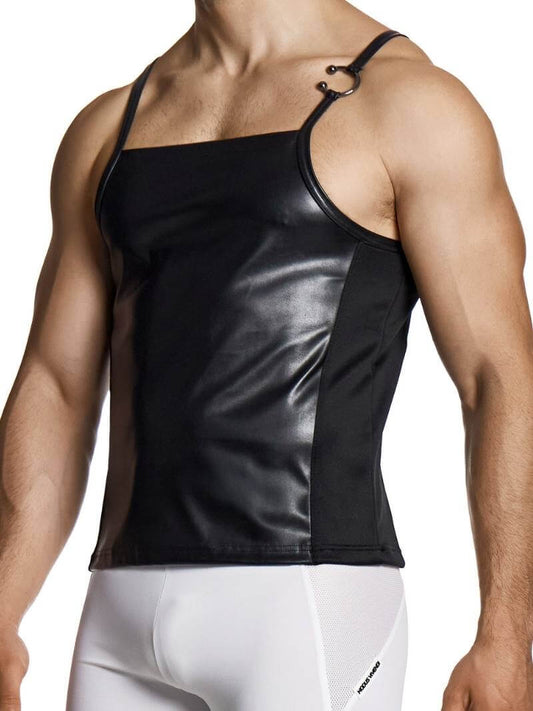 Black tank top worn by a person on a white background