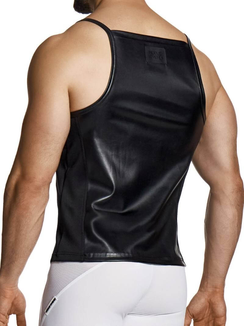 Black tank top worn by a person on a white background