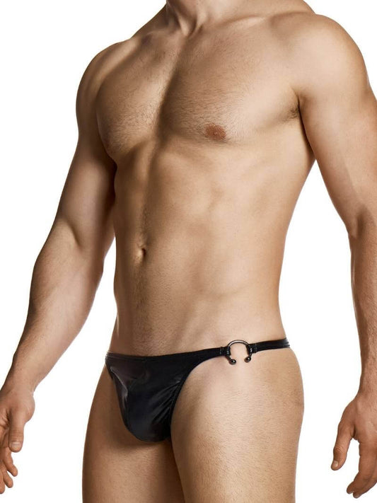Man wearing a black thong against a white background