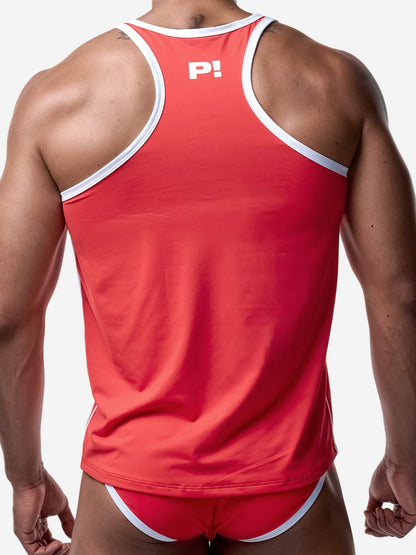 Red tank top with white trim worn by a person on a plain background