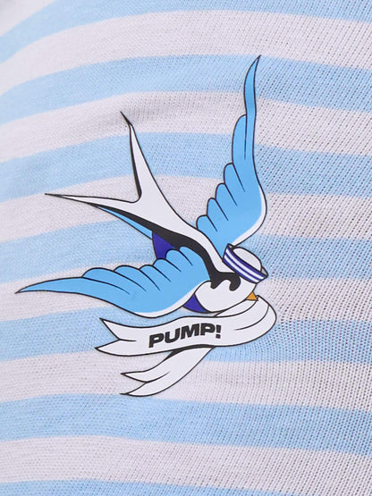 Close-up of a light blue and white striped knit garment featuring a large printed swallow graphic with a banner that reads 'PUMP!'.
