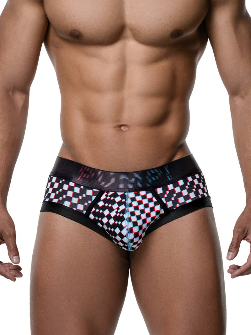 Man wearing a checkered underwear with 'Pump!' branding on a white background