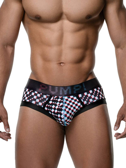 Man wearing a checkered underwear with 'Pump!' branding on a white background