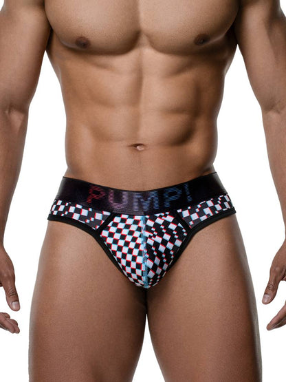 Man wearing a checkered underwear with 'PUMP!' text on a white background