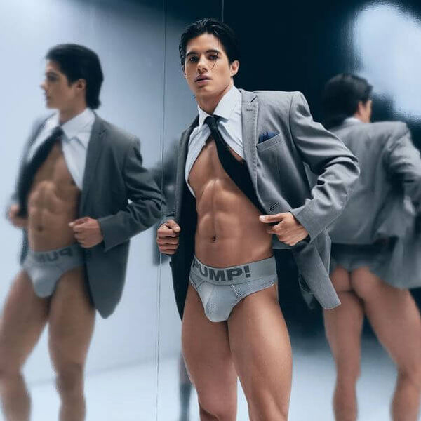 Man in suit with 'PUMP!' underwear against a reflective surface