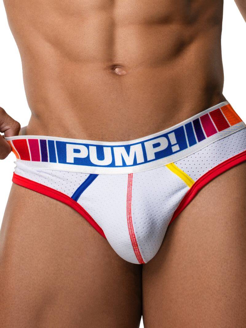 White men's underwear with colorful 'PUMP!' waistband on a white background
