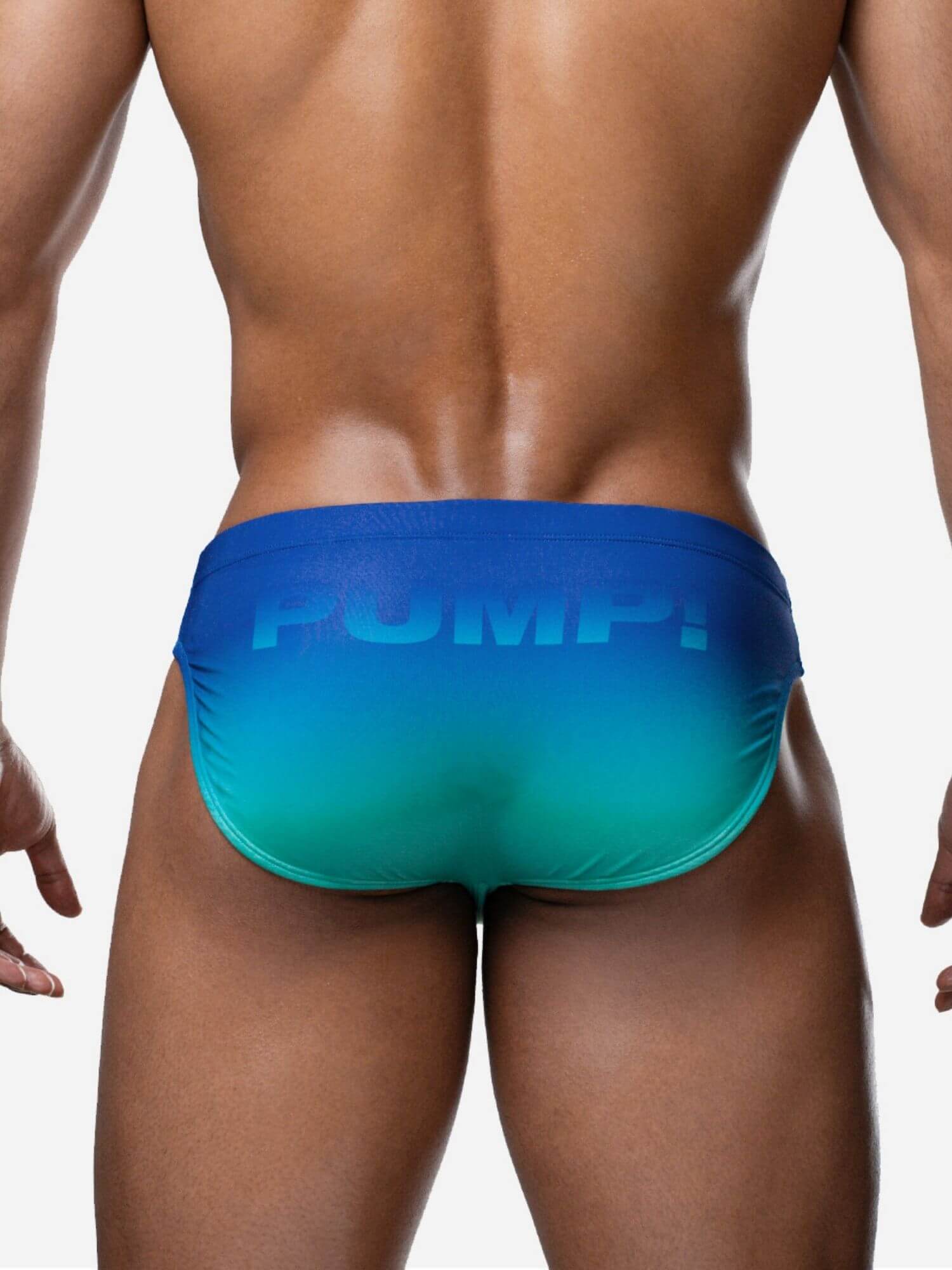 Blue swim brief with 'PUMP!' branding on a plain background