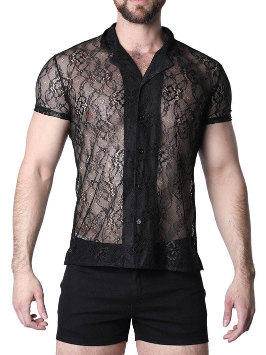 Timoteo Positano Black Floral Lace Buttoned Shirt