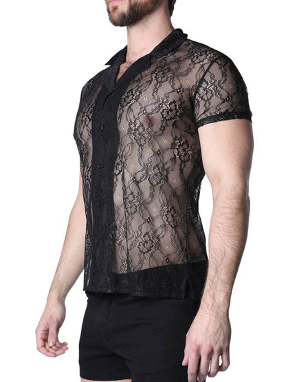 Timoteo Positano Black Floral Lace Buttoned Shirt